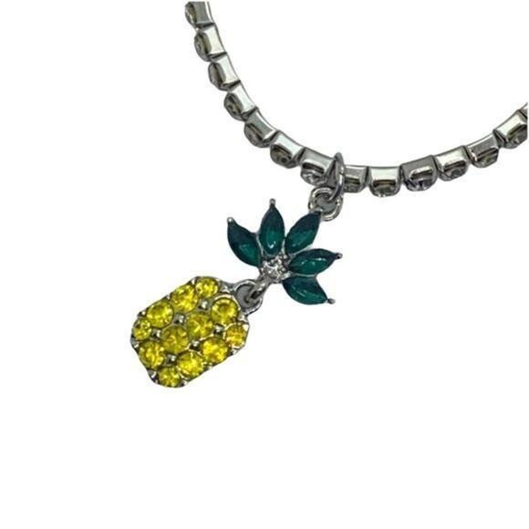 New NWT Silver-Tone Green Yellow Pineapple Rhinestone Beaded Stretch Bracelet - Picture 6 of 7
